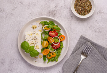 Food photography of feta salad, vegetable, tomato, cucumber, onion, lettuce, romaine, sauce, bell pepper