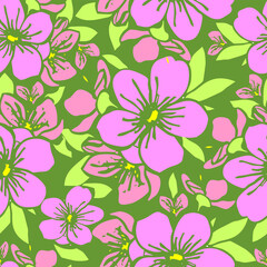 seamless pattern of pink silhouettes of flowers on a green background, texture, design