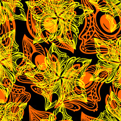 seamless yellow-orange pattern of abstract decorative elements on a black background, texture, design