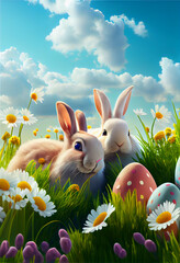 Fototapeta premium Spring meadow with rabbit and easter eggs - AI Generated