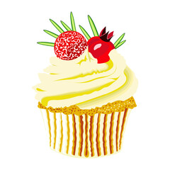 A piece of cupcake decorated with cream and cherries