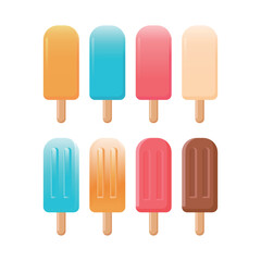 Ice pop in soda, strawberry, yogurt, chocolate, orange flavors, cool ice pop for summer. Ice pop vector illustration on white background.