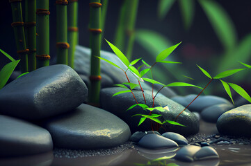 Water stones and bamboo. Generative AI,