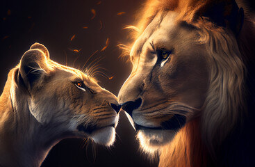 Lion and lioness in love. Generative AI,