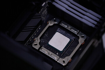 processor. Circuit board. Electronic computer hardware technology. Motherboard digital chip. Tech science background.  Motherboard digital chip..Close-up shot of computer motherboard detail.