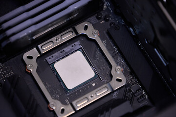Fototapeta premium processor. Circuit board. Electronic computer hardware technology. Motherboard digital chip. Tech science background. Motherboard digital chip..Close-up shot of computer motherboard detail.
