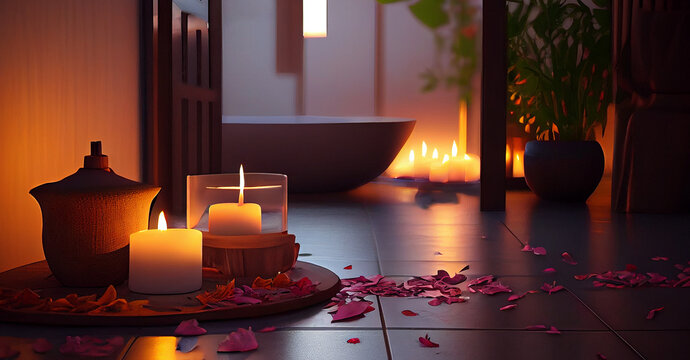 Bath Candles And Rose Petals. Generative AI,