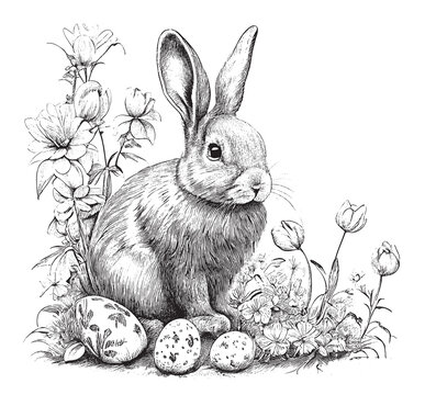 Easter Bunny with Eggs Sitting in Flowers Hand Drawn Engraving Sketch Vector Illustration.