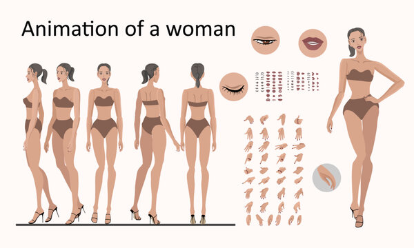 Woman character in swimsuit. Poses for animation. Hands and lips in different positions.