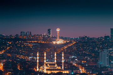 General view from Ankara city during twilight with mosque and tower. - obrazy, fototapety, plakaty