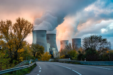 Nuclear Power Plant near Cruas, France, Europe. Colorful Sunrise Sky. Fall Season