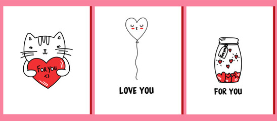 Valentine's day greeting postcard set. Set of 3 cards for valentine's day. 14 February vector illustration