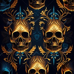 2d flat seamless wallpaper hand painted watercolor golden skulls symmetrical smooth shaded black background 