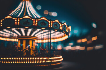 rotating carousel. blur defocused illustration of amusement park at evening, carousel spinning with full fun. Generative AI - obrazy, fototapety, plakaty