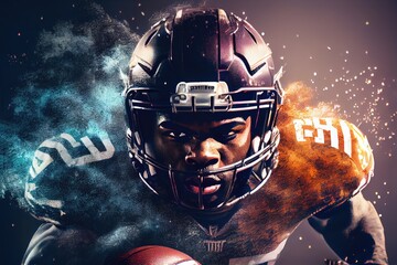 colourful multi exposure illustration of american football player with helmet, generative ai