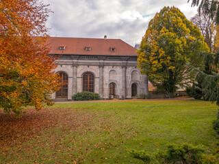 Beautifully colored autumn gardens at Prague Castle with views of St. Vitus or Palace of the Castle. Prague, Czech Republic