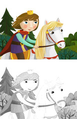 cartoon prince riding on the horse in the forest