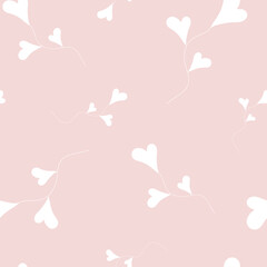 Seamless pattern of white flowers with heart-shaped buds on a light pink background