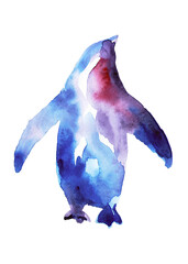 Lonely fat penguin. Bright watercolor drawing on a white background. - 563153582