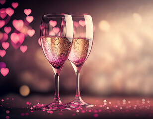 Lamas personalizadas para cocina con tu foto Two glasses of champagne sparkling wine, pink with shinny bright heart bokeh. Valentines day, New Years, wedding, birthday, party celebrations. Generative ai image.