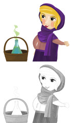 cartoon herbalist queen doing magic illustration