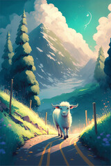 A cute sheep on a road in the misty rocky mountains in rainbow colors of blue and green | Generative AI