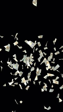Falling a lot of 200-euro bills / Vertical video UHD compatible with alpha channel / Transparent background / 3D motion graphics / Currency / Money / Finance