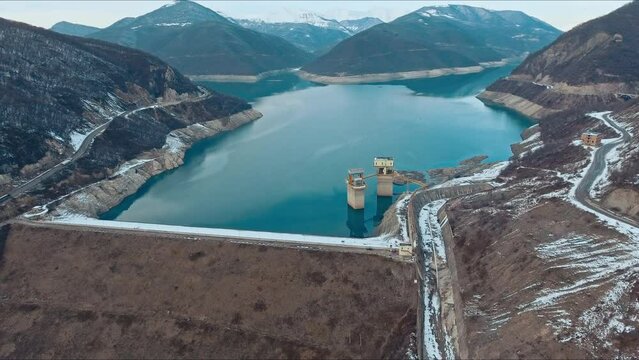 Georgia 10 Mountain lake of Zhinvalskoe Reservoir, Georgia. beautiful water reservoir on the Aragvi River, the upper part near the Ananuri Fortress.