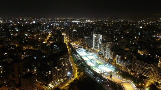 Lima skyline by night showing traffic in Peru