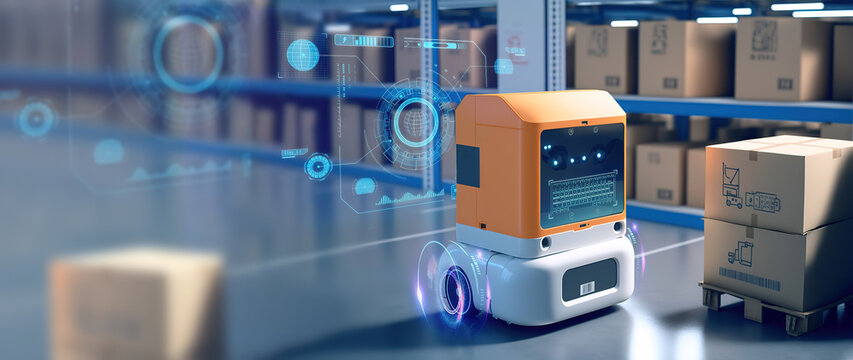Futuristic automated management inventory and delivery robot connected to 5G network working at a storage warehouse