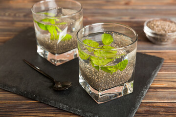 Healthy breakfast or morning with chia seeds and mint on table background, vegetarian food, diet and health concept. Chia pudding with and mint