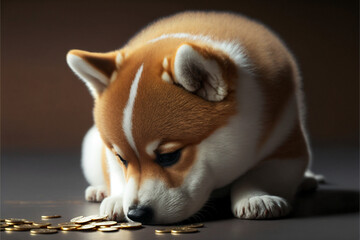 Sad puppy shiba inu stares at whats left of his gold, Generative Ai, 