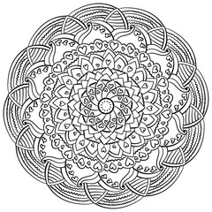 Mandala with wavy doodle elements and hearts, meditative antistress coloring book for holiday activity or decor