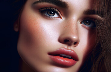 Close-up beauty portrait of young beautiful woman. Digitally AI generated image.	