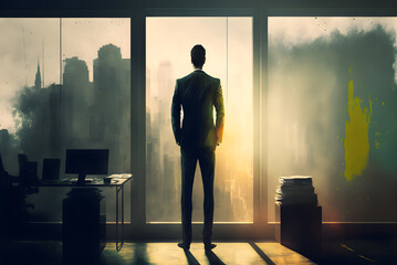 Businessman watching sunset from office with generative ai