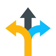 3 way decision opportunity option arrow. Three way direction vector path choice sign.