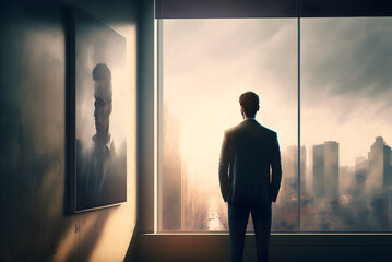 Fototapeta premium Businessman watching sunset from office with generative ai