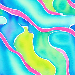Watercolor seamless pattern with turquoise and pink waves, AI generated