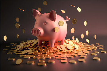 Pink piggy bank drowning in pennies with generative ai