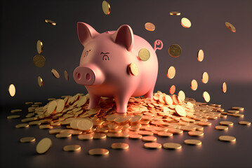 Pink piggy bank drowning in pennies with generative ai