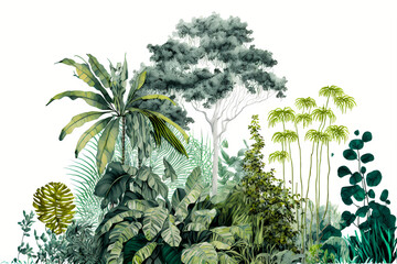 Tropical forest illustration in white background, world wildlife day background, tropical forest beautiful background 