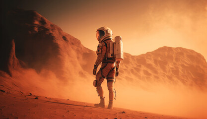 Obraz na płótnie Canvas Astronaut on mars red planet atmospheric landscape, generative ai