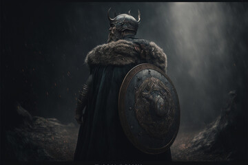 Illustration from the back of an ancient Scandinavian warrior in armor and a horned helmet, medieval viking, shield on the back, artificial intelligence generated art - obrazy, fototapety, plakaty