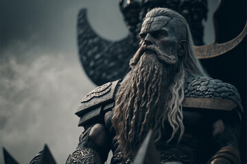 Wood carved Slavic warrior in armor, Slavic god sculpture illustration, ai generated  - obrazy, fototapety, plakaty