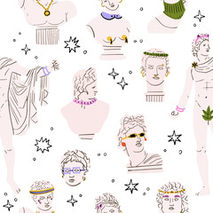 Greek pattern with modern element. The culture of Ancient Greece. Vector illustration drawn by hand. Set of ancient greek statue and classic vintage monument seamless pattern.
