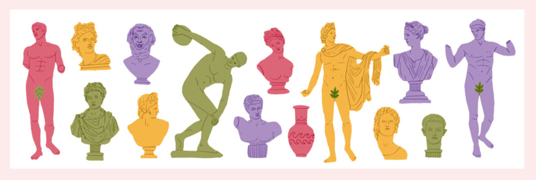 Set of ancient greek statue and classic vintage monument shapes in bright color. Greece culture antique illustration collection. Historical flat cartoon drawing bundle.Antique art design elements