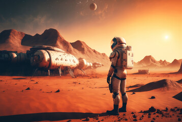 Astronaut on mars near base for planet colonization atmospheric landscape, generative ai