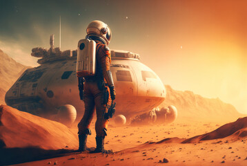 Fototapeta na wymiar Astronaut on mars near base for planet colonization atmospheric landscape, generative ai