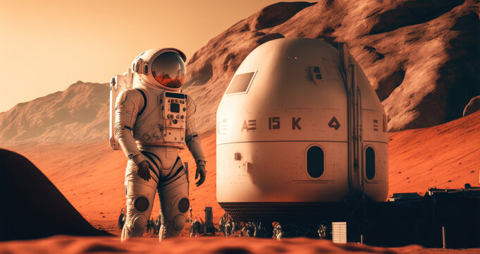 Astronaut on mars near base for planet colonization atmospheric landscape, generative ai