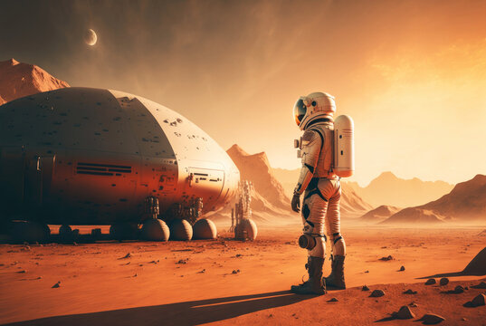 Astronaut on mars near base for planet colonization atmospheric landscape, generative ai
